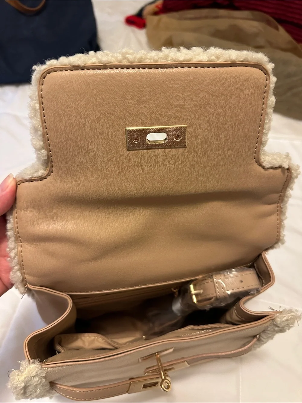 Badgley Mischka Beige Shearling-Trim Satchel